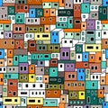 Colorful geometric pattern with urban motifs.