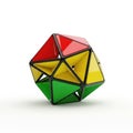 Colorful geometric puzzle cube with red yellow and green sections isolated on white background Royalty Free Stock Photo