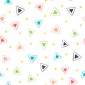 Colorful geometric seamless pattern. Repeated triangles and round dots. Drawn by hand. Royalty Free Stock Photo