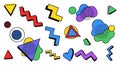 Colorful geometric shapes collection scattered on white background with overlapping triangles squares circles rectangles and lines Royalty Free Stock Photo