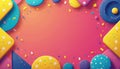 Colorful geometric shapes and confetti border a gradient pink background. Perfect for party invites or playful designs, this Royalty Free Stock Photo