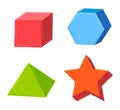 Colorful geometric shapes set on white background. Red cube, blue dodecahedron, green pyramid, orange star. Geometric