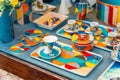 Colorful geometric tableware display. Royalty Free Stock Photo