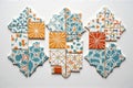 Colorful geometric tile arrangement with orange and blue patterns Royalty Free Stock Photo