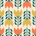 Colorful geometric tulip flowers in Scandinavian style hand drawn vector illustration. Vintage floral ornament seamless pattern. Royalty Free Stock Photo