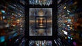 Colorful geometric tunnel with dynamic light patterns and reflections