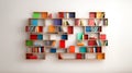 A colorful, geometrical bookshelf with multicolored books and an abstract design is a contemporary do-it-yourself project that