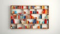 A colorful, geometrical bookshelf with multicolored books and an abstract design is a contemporary do-it-yourself project that