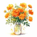 Watercolor Marigold Bouquet In Vase - Vibrant Floral Illustration Royalty Free Stock Photo