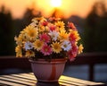 Colorful gerber flowers are in a ceramic flowerpot on a balcony. Royalty Free Stock Photo