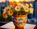 Colorful gerber flowers are in a ceramic flowerpot on a balcony. Royalty Free Stock Photo