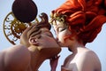 Colorful giant papier mache figures kissing in Fallas festival,Valencia,sculpture of ninots under blue sky.Couple kiss