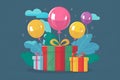 Colorful gift box and buoyant balloons illustrated in vector format