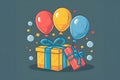 Colorful gift box and buoyant balloons illustrated in vector format