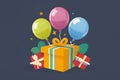 Colorful gift box and buoyant balloons illustrated in vector format