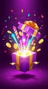Colorful gift box exploding with confetti, coins, and vibrant light effects for celebration Royalty Free Stock Photo