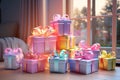 Colorful gift boxes with bows on background of a window. Generative AI