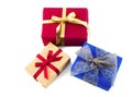 Colorful gift boxes with bows and ribbons isolated in white Royalty Free Stock Photo