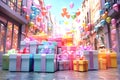 Colorful gift boxes with bows on the street. Generative AI