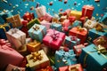 Colorful gift boxes exploding with festive confetti for birthday celebration Royalty Free Stock Photo