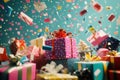 Colorful gift boxes exploding with festive confetti and ribbons Royalty Free Stock Photo