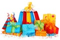 Colorful gift boxes and party hats Royalty Free Stock Photo