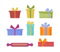 Colorful gift boxes with ribbon and bows. Set of holiday gift boxes with greetings, birthday or Christmas