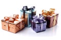 Colorful gift boxes with ribbons on white background Royalty Free Stock Photo