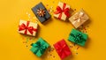 Colorful Gift Boxes with Ribbons on Yellow Background with Confe Royalty Free Stock Photo