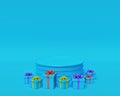 Colorful gift boxes with round podium. 3d rendering