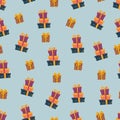 Colorful Gift Boxes Seamless Pattern on White Background. Bright festive wrapping presents with bows in flat vector style Royalty Free Stock Photo