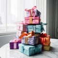 Colorful Gift Boxes on White Marble Surface