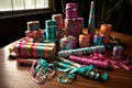 colorful gift wrap rolls, ribbons, and bows on table Royalty Free Stock Photo