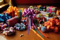 colorful gift wrap rolls, ribbons, and bows on table Royalty Free Stock Photo