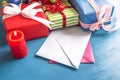 Colorful gifts and blank letters