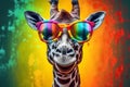 colorful giraffe africa animal portrait neck mammal zoo wildlife sunglasses. Generative AI.