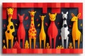 Colorful Giraffe Family with Abstract Red and Yellow Autumn Leaves Pattern
