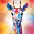 a colorful giraffe head on a geometric background