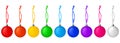 Colorful glass balls hanging on ribbon set white background isolated closeup, ÃÂ¡hristmas tree decoration collection, shiny baubles