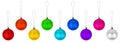 Colorful glass balls hanging on thread set white background isolated closeup, ÃÂ¡hristmas tree decoration collection, shiny balls Royalty Free Stock Photo