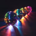 Colorful glass balls, including purple and magenta, adorn a table Royalty Free Stock Photo