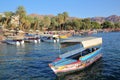 Colorful Glass boats along the beach on the Red Sea coast with Palm trees and mountains in the background