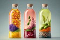 Colorful glass bottles with spices and herbs