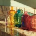 Colorful Glass Bottles in Sunlight on Marble Surface Royalty Free Stock Photo