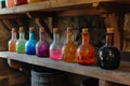 Colorful glass bottles on a wooden shelf Royalty Free Stock Photo