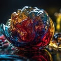 a colorful glass bowl sitting on top of a table next to other glass objects and a bottle of wine in the backgrouund