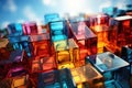 Colorful Glass Cubes Forming Abstract Background with Dynamic Multihued Reflections and Patterns