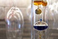 A colorful, glass, liquid filled Galileo Thermometer measures indoor room temperature in a wine cellar with wine glasses hanging