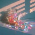 Colorful glass marbles in a jar, casting vibrant reflections on a surface, with soft shadows and light patterns creating a serene Royalty Free Stock Photo