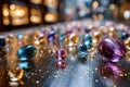 Colorful glass marbles on reflective surface with glitter Royalty Free Stock Photo
